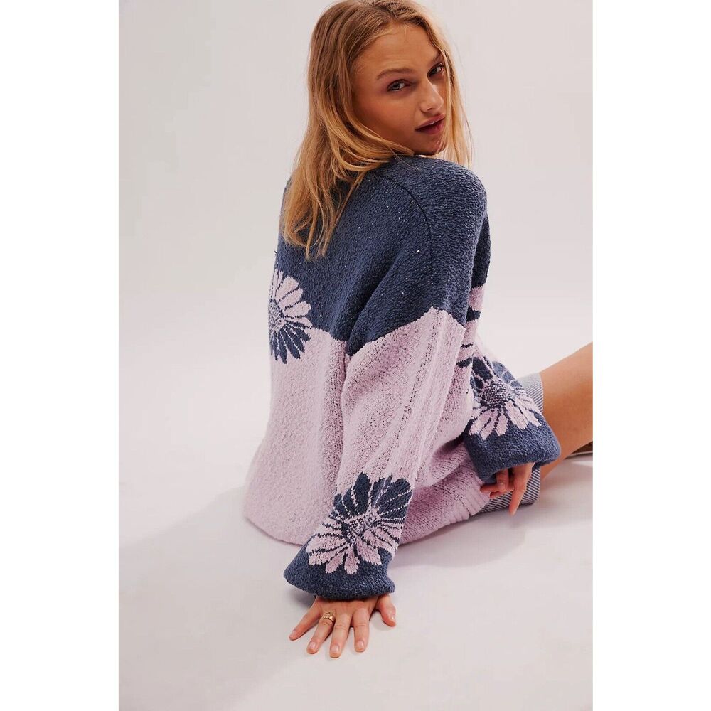 NWT Free People In Bloom Sweater Purple Blue Floral Pullover Size Small - Picture 4 of 8
